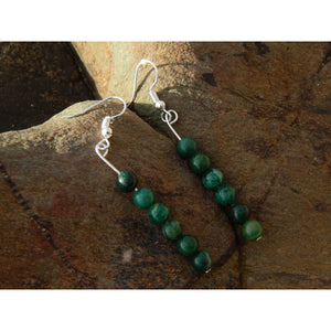 Handmade, natural African jade drop earrings with 6 beads, intense green,  6mm size bead, silver plated hook