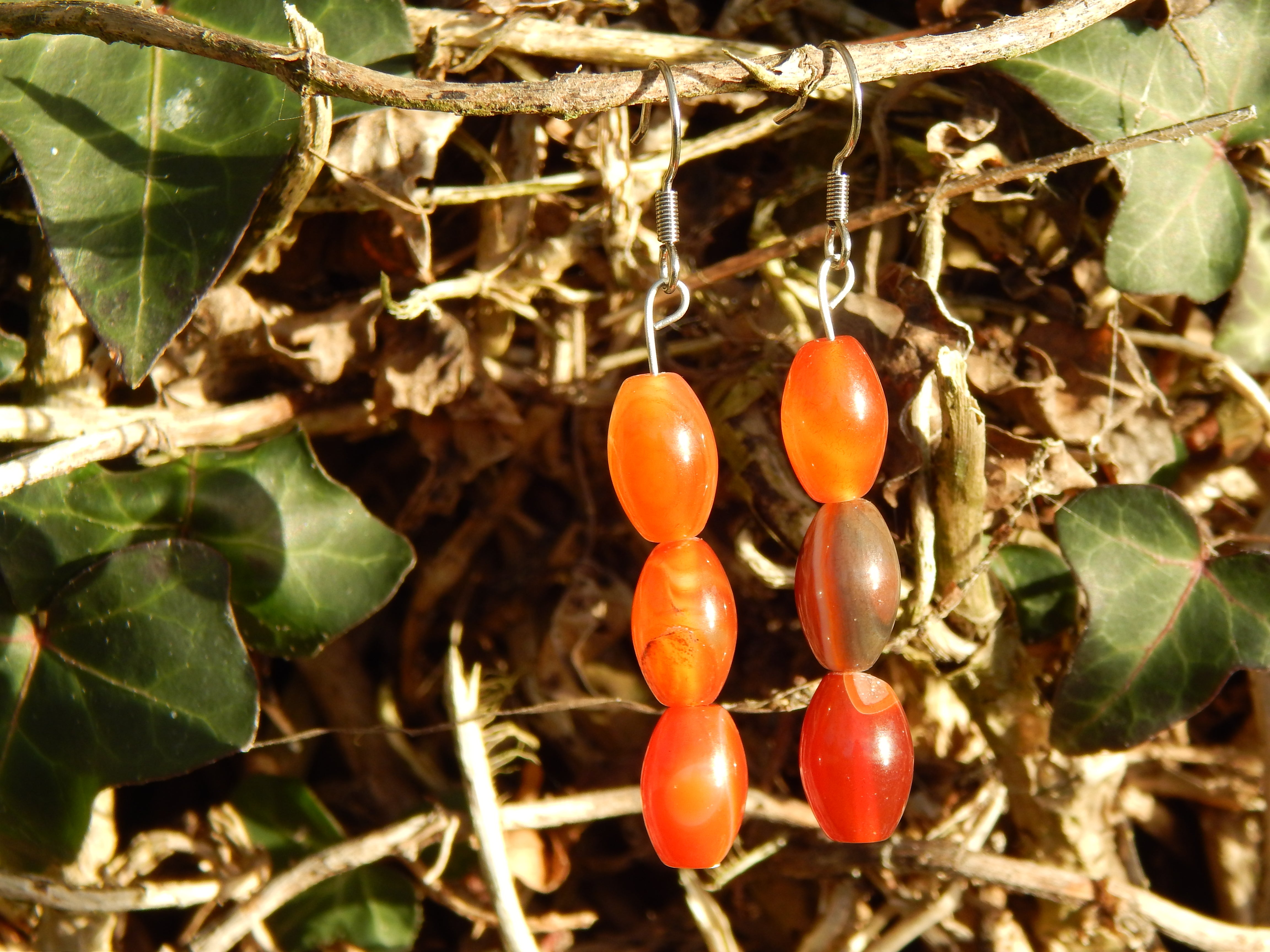 Red gem agate earrings with three beads